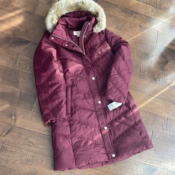 Michael Kors Chevron Faux Fur Trim Hooded Down Puffer Coat Dark Brandy - Picture 7 of 8